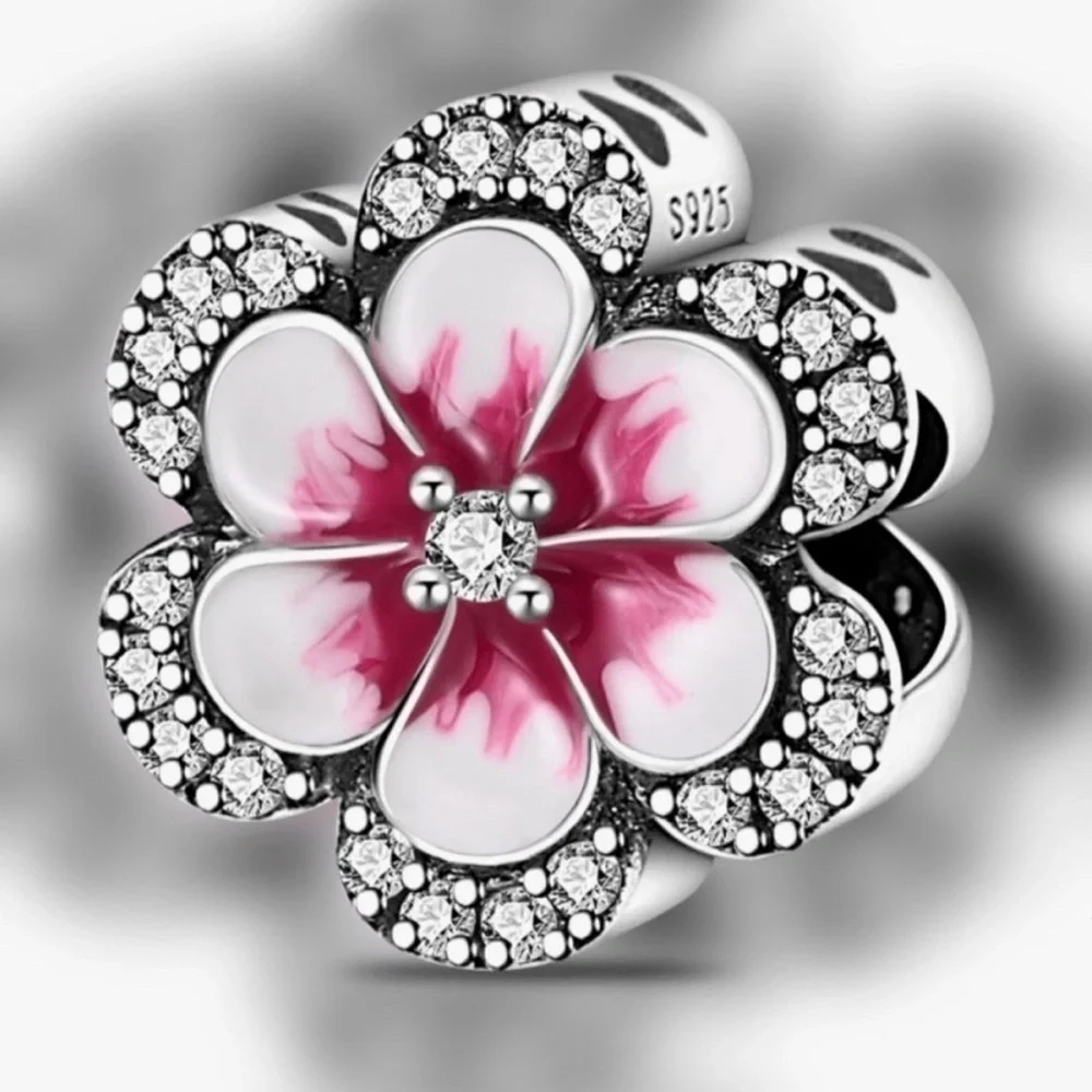 Sterling Silver 925 Pink Flower Charm with CZ Crystals